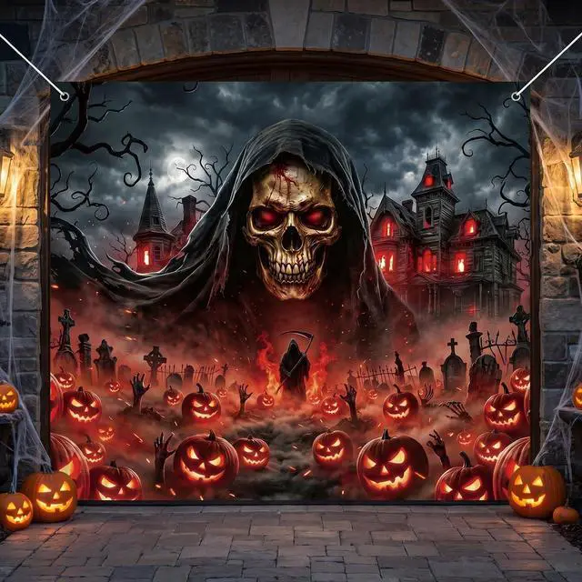 Alt view image 4 of 6 - Grim Reaper Halloween Garage Door Cover 7x8 FT Decorations | Spooky Garage Door Banner, Rope and Grommet Easy Mount, High Quality, Death Figure Theme, Halloween Decor