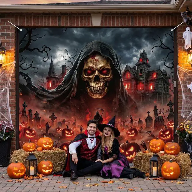 Alt view image 5 of 6 - Grim Reaper Halloween Garage Door Cover 7x8 FT Decorations | Spooky Garage Door Banner, Rope and Grommet Easy Mount, High Quality, Death Figure Theme, Halloween Decor