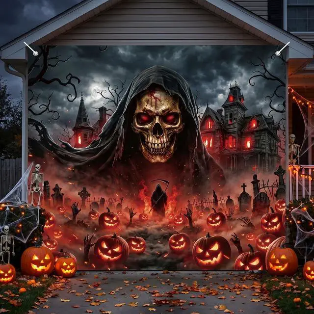 Alt view image 6 of 6 - Grim Reaper Halloween Garage Door Cover 7x8 FT Decorations | Spooky Garage Door Banner, Rope and Grommet Easy Mount, High Quality, Death Figure Theme, Halloween Decor