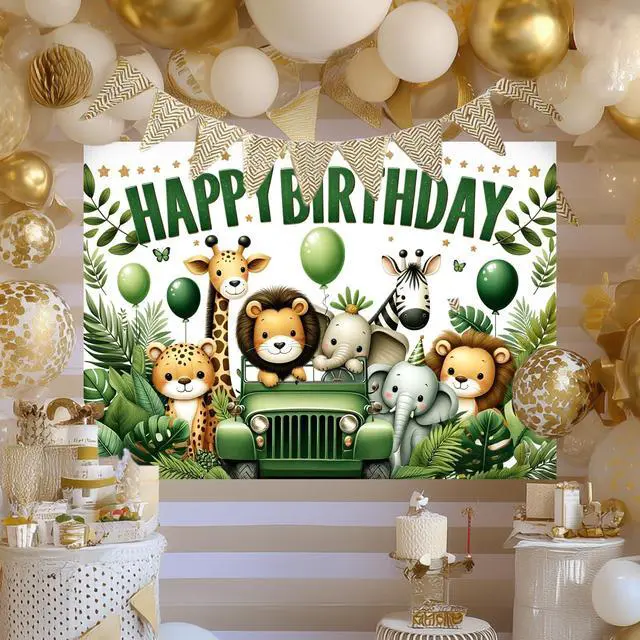 Alt view image 2 of 7 - Forest Animal Polyester Birthday Banner 71x43 Inch Decor | Polyester, Green Safari Theme, Happy Birthday Backdrop Banner for Room, Wall