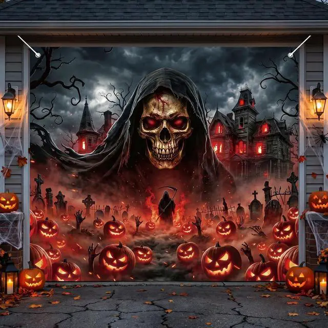 Alt view image 3 of 6 - Grim Reaper Halloween Garage Door Cover 7x8 FT Decorations | Spooky Garage Door Banner, Rope and Grommet Easy Mount, High Quality, Death Figure Theme, Halloween Decor