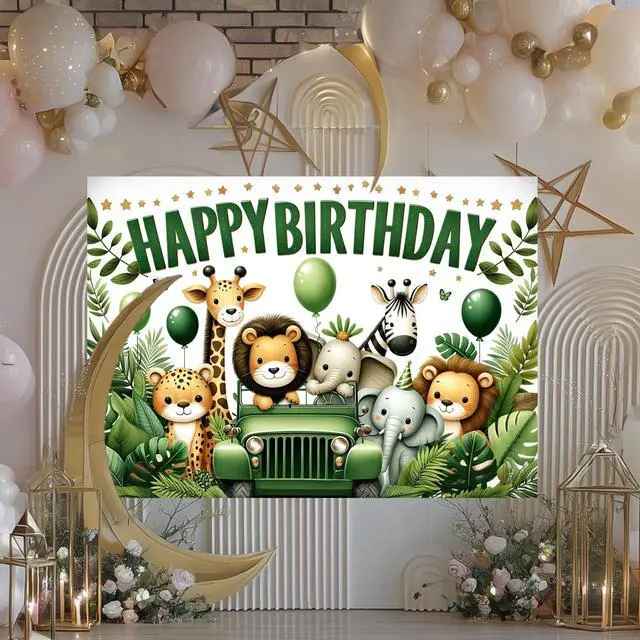 Alt view image 3 of 7 - Forest Animal Polyester Birthday Banner 71x43 Inch Decor | Polyester, Green Safari Theme, Happy Birthday Backdrop Banner for Room, Wall