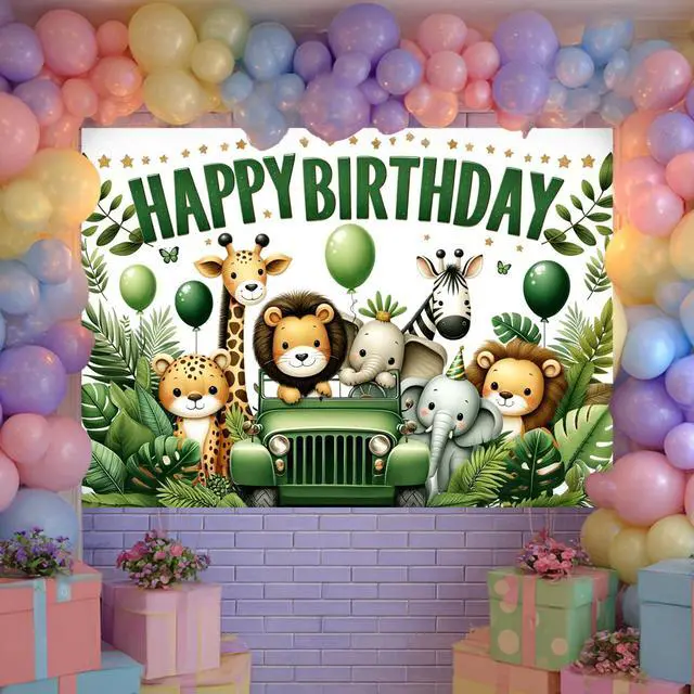 Alt view image 4 of 7 - Forest Animal Polyester Birthday Banner 71x43 Inch Decor | Polyester, Green Safari Theme, Happy Birthday Backdrop Banner for Room, Wall