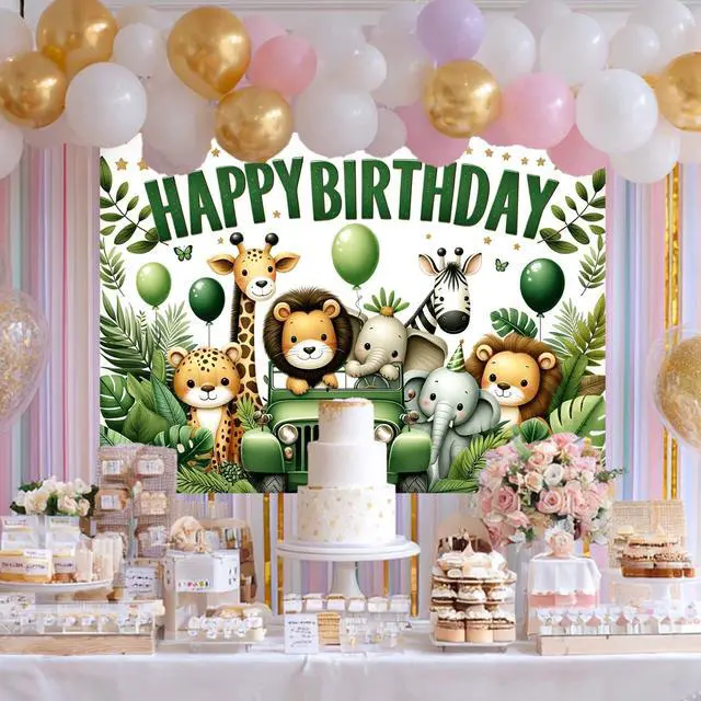 Alt view image 6 of 7 - Forest Animal Polyester Birthday Banner 71x43 Inch Decor | Polyester, Green Safari Theme, Happy Birthday Backdrop Banner for Room, Wall