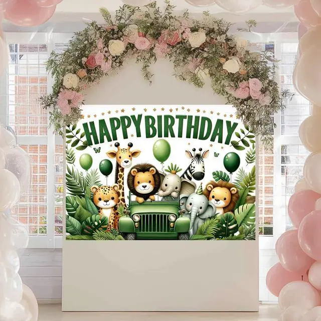 Alt view image 7 of 7 - Forest Animal Polyester Birthday Banner 71x43 Inch Decor | Polyester, Green Safari Theme, Happy Birthday Backdrop Banner for Room, Wall