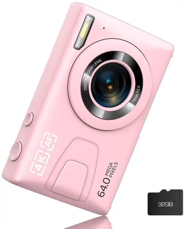 Main image of Digital Camera 4K 64MP Vlogging Camera Autofocus Point and Shoot Digital Cameras for Photography Camera for Kid Student Children Teen Girl Boy, 18X, 2 Batteries, 32GB Card, Pink