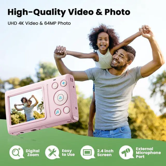 Alt view image 2 of 6 - Digital Camera 4K 64MP Vlogging Camera Autofocus Point and Shoot Digital Cameras for Photography Camera for Kid Student Children Teen Girl Boy, 18X, 2 Batteries, 32GB Card, Pink