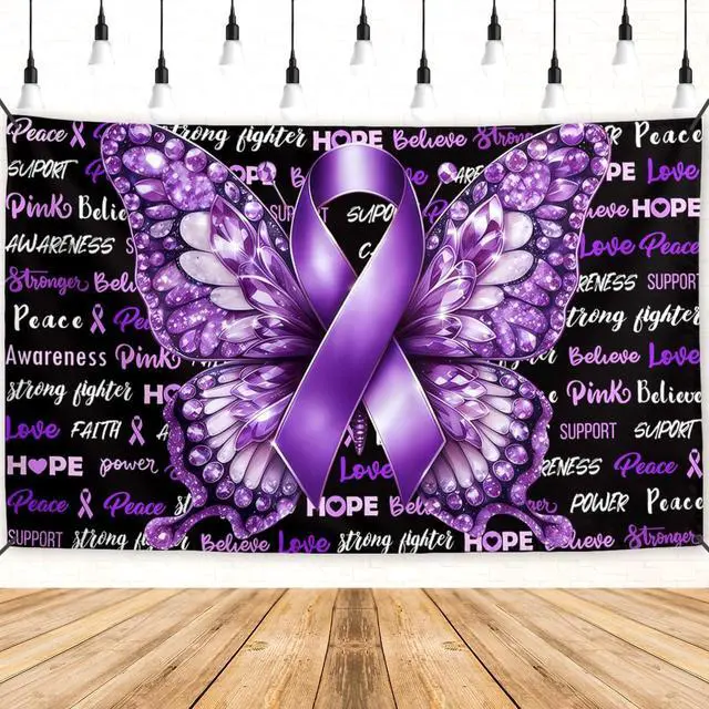Main image of Domestic Violence Awareness Banner Pancreatic Cancer Backdrop Sign Purple Ribbon Decor Alzheimers Awareness Decorations for Home Party
