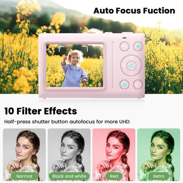 Alt view image 3 of 6 - Digital Camera 4K 64MP Vlogging Camera Autofocus Point and Shoot Digital Cameras for Photography Camera for Kid Student Children Teen Girl Boy, 18X, 2 Batteries, 32GB Card, Pink