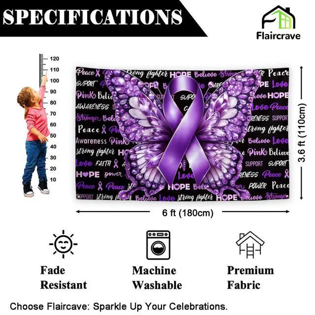 Alt view image 2 of 5 - Domestic Violence Awareness Banner Pancreatic Cancer Backdrop Sign Purple Ribbon Decor Alzheimers Awareness Decorations for Home Party