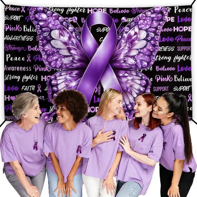 Alt view image 3 of 5 - Domestic Violence Awareness Banner Pancreatic Cancer Backdrop Sign Purple Ribbon Decor Alzheimers Awareness Decorations for Home Party