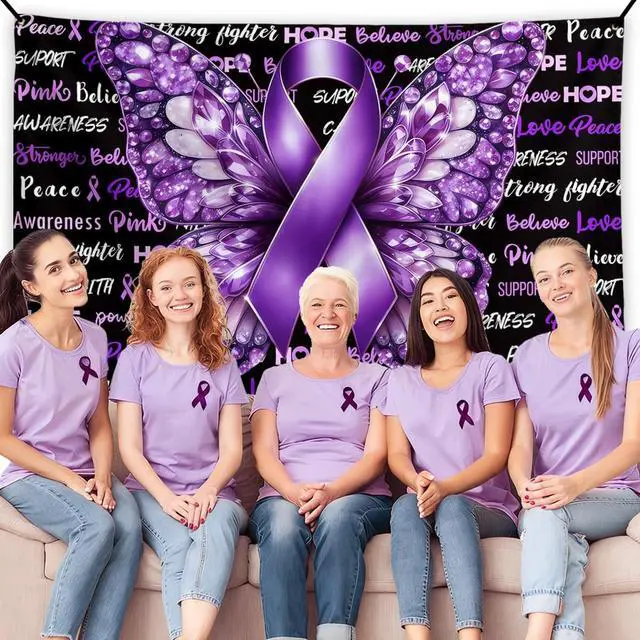 Alt view image 4 of 5 - Domestic Violence Awareness Banner Pancreatic Cancer Backdrop Sign Purple Ribbon Decor Alzheimers Awareness Decorations for Home Party