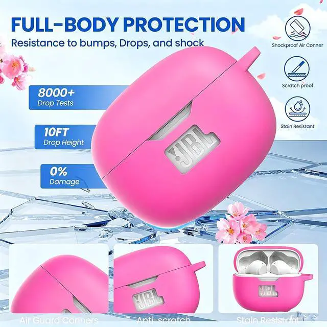 Alt view image 3 of 6 - Silicone Case Cover for JBL Vibe Beam/Vibe Beam 2/Vibe 200TWS, Shockproof Anti-Scratch Protective Shell with Visible Logo, Comes with Carabiner & Cleaning Tool Kit, Rosepink