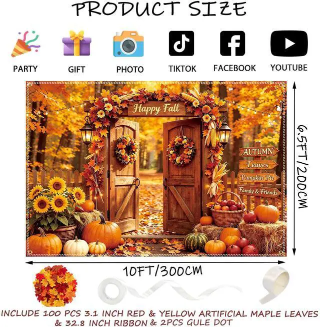 Alt view image 2 of 6 - Fall Photo Backdrop 10×6.5ft, Thanksgiving Day Party Scene Photo Background | with 100 Pcs 3.1 Inch Red & Yellow Artificial Maple Leaves for Autumn Thanksgiving Photo Backdrop Fall Party Decoration