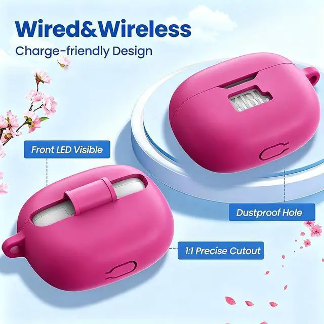 Alt view image 6 of 6 - Silicone Case Cover for JBL Vibe Beam/Vibe Beam 2/Vibe 200TWS, Shockproof Anti-Scratch Protective Shell with Visible Logo, Comes with Carabiner & Cleaning Tool Kit, Rosepink