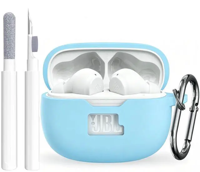 Main image of Silicone Case Cover for JBL Vibe Beam/Vibe Beam 2/Vibe 200TWS, Shockproof Anti-Scratch Protective Shell with Visible Logo, Comes with Carabiner & Cleaning Tool Kit, Sky Blue