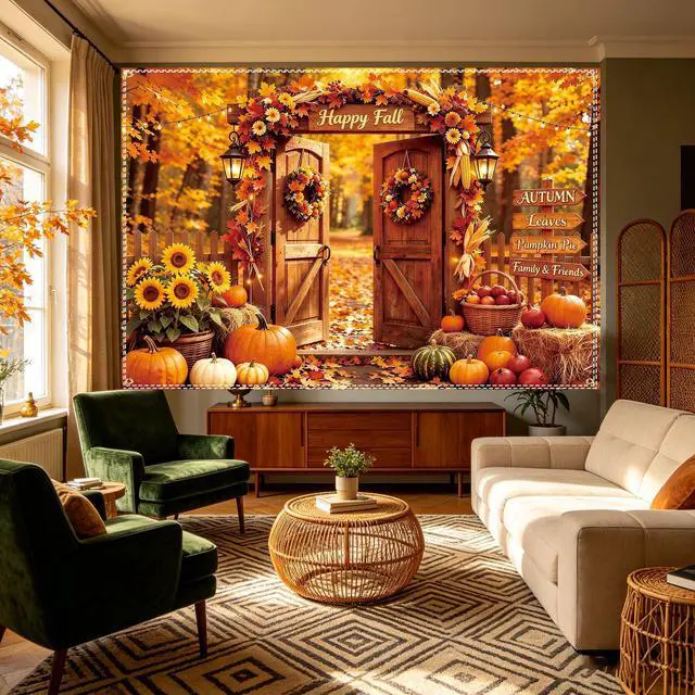 Alt view image 6 of 6 - Fall Photo Backdrop 10×6.5ft, Thanksgiving Day Party Scene Photo Background | with 100 Pcs 3.1 Inch Red & Yellow Artificial Maple Leaves for Autumn Thanksgiving Photo Backdrop Fall Party Decoration