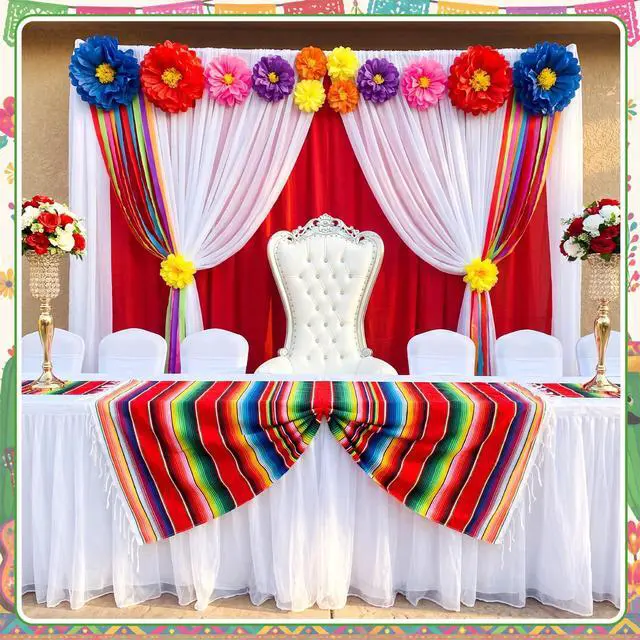 Alt view image 2 of 6 - 22 Pcs Mexican Fiesta Party Decorations Mexicana Striped Blanket Paper Flowers Colorful Crepe Paper for Día de Los Muertos, Cinco De Mayo, Birthday, Baby Shower, Taco Party