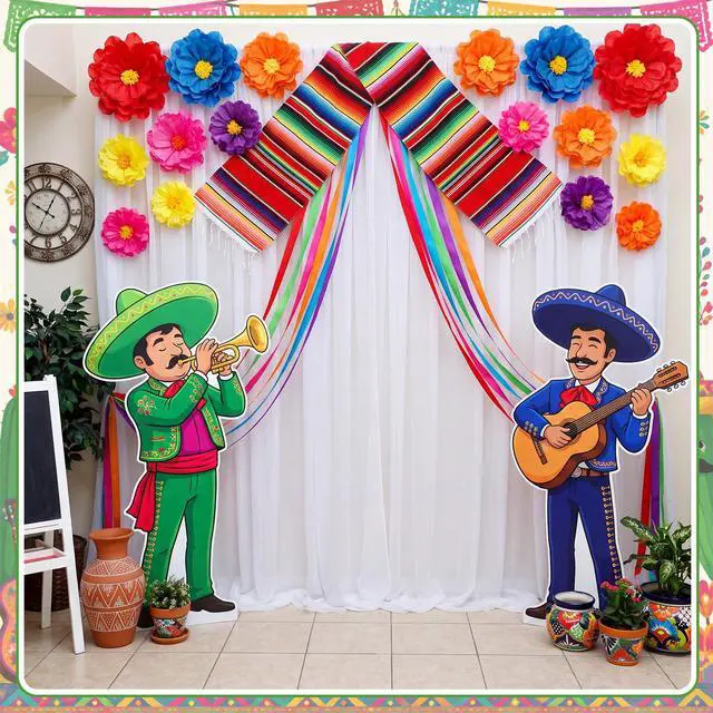 Alt view image 3 of 6 - 22 Pcs Mexican Fiesta Party Decorations Mexicana Striped Blanket Paper Flowers Colorful Crepe Paper for Día de Los Muertos, Cinco De Mayo, Birthday, Baby Shower, Taco Party