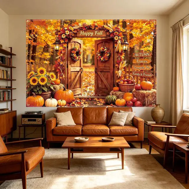 Alt view image 5 of 6 - Fall Photo Backdrop 10×6.5ft, Thanksgiving Day Party Scene Photo Background | with 100 Pcs 3.1 Inch Red & Yellow Artificial Maple Leaves for Autumn Thanksgiving Photo Backdrop Fall Party Decoration