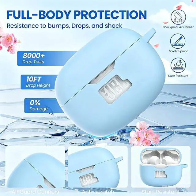 Alt view image 2 of 6 - Silicone Case Cover for JBL Vibe Beam/Vibe Beam 2/Vibe 200TWS, Shockproof Anti-Scratch Protective Shell with Visible Logo, Comes with Carabiner & Cleaning Tool Kit, Sky Blue