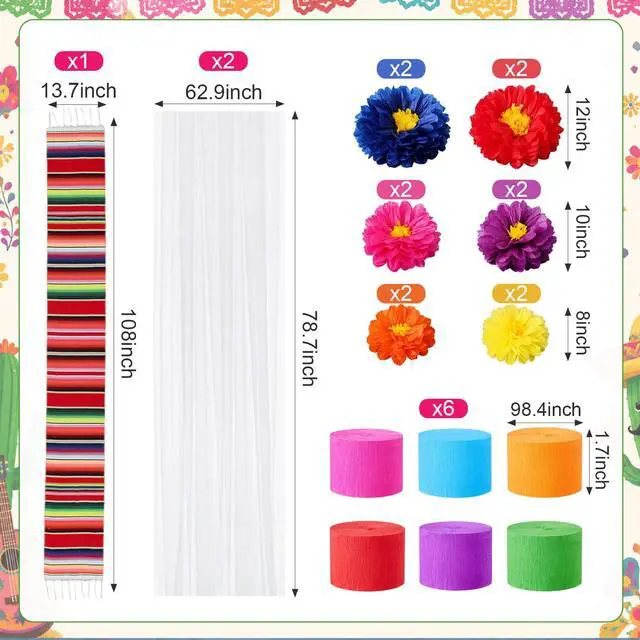 Alt view image 4 of 6 - 22 Pcs Mexican Fiesta Party Decorations Mexicana Striped Blanket Paper Flowers Colorful Crepe Paper for Día de Los Muertos, Cinco De Mayo, Birthday, Baby Shower, Taco Party