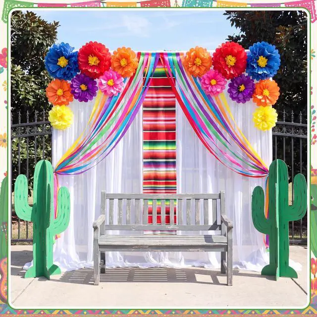 Alt view image 5 of 6 - 22 Pcs Mexican Fiesta Party Decorations Mexicana Striped Blanket Paper Flowers Colorful Crepe Paper for Día de Los Muertos, Cinco De Mayo, Birthday, Baby Shower, Taco Party