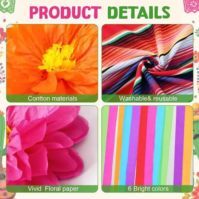 Alt view image 6 of 6 - 22 Pcs Mexican Fiesta Party Decorations Mexicana Striped Blanket Paper Flowers Colorful Crepe Paper for Día de Los Muertos, Cinco De Mayo, Birthday, Baby Shower, Taco Party