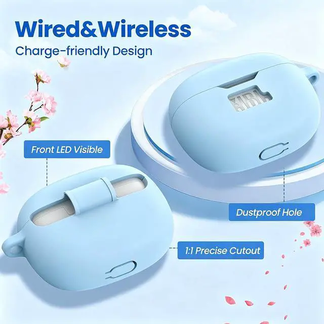 Alt view image 5 of 6 - Silicone Case Cover for JBL Vibe Beam/Vibe Beam 2/Vibe 200TWS, Shockproof Anti-Scratch Protective Shell with Visible Logo, Comes with Carabiner & Cleaning Tool Kit, Sky Blue