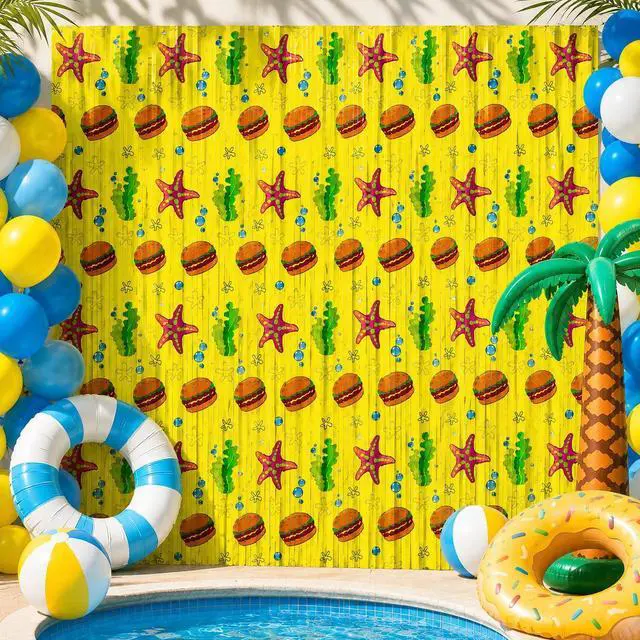 Main image of Summer Pool Birthday Party Decorations, 4 Pack Yellow Foil Fringe Curtains Tinsel Backdrops Photo Booth Props for Kids Beach Ocean BBQ Under the Sea Party Decor Supplies, 3.28 x 6.56 Ft