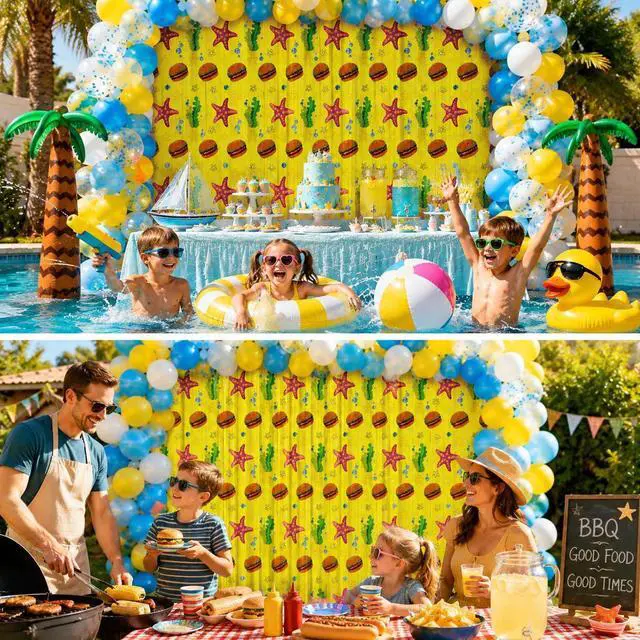 Alt view image 3 of 4 - Summer Pool Birthday Party Decorations, 4 Pack Yellow Foil Fringe Curtains Tinsel Backdrops Photo Booth Props for Kids Beach Ocean BBQ Under the Sea Party Decor Supplies, 3.28 x 6.56 Ft