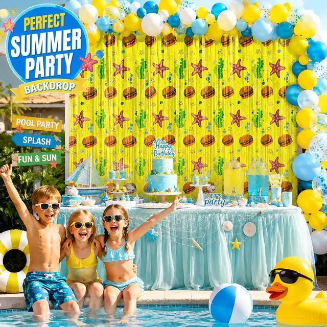 Alt view image 4 of 4 - Summer Pool Birthday Party Decorations, 4 Pack Yellow Foil Fringe Curtains Tinsel Backdrops Photo Booth Props for Kids Beach Ocean BBQ Under the Sea Party Decor Supplies, 3.28 x 6.56 Ft