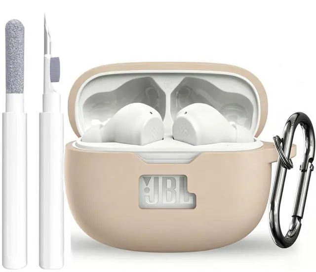 Main image of Silicone Case Cover for JBL Vibe Beam 2/Beam/Vibe 200TWS, Shockproof Anti-Scratch Protective Shell with Visible Logo, Comes with Carabiner & Cleaning Tool Kit, Milk Tea