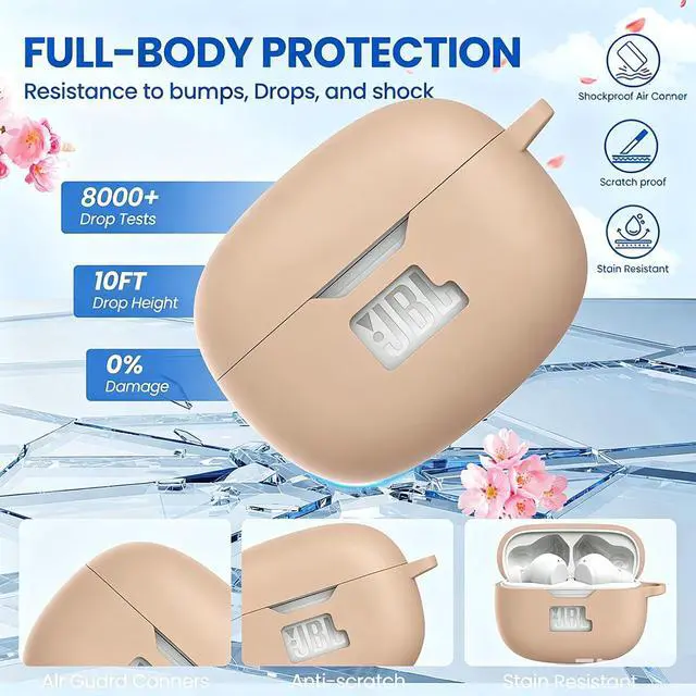 Alt view image 3 of 6 - Silicone Case Cover for JBL Vibe Beam 2/Beam/Vibe 200TWS, Shockproof Anti-Scratch Protective Shell with Visible Logo, Comes with Carabiner & Cleaning Tool Kit, Milk Tea