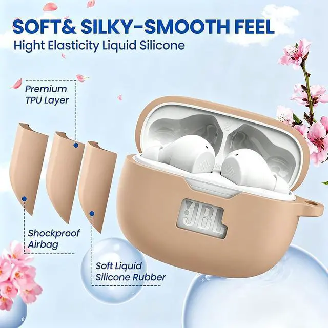 Alt view image 4 of 6 - Silicone Case Cover for JBL Vibe Beam 2/Beam/Vibe 200TWS, Shockproof Anti-Scratch Protective Shell with Visible Logo, Comes with Carabiner & Cleaning Tool Kit, Milk Tea