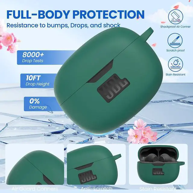 Alt view image 3 of 6 - Silicone Case Cover for JBL Vibe Beam/Vibe Beam 2/Vibe 200TWS, Shockproof Anti-Scratch Protective Shell with Visible Logo, Comes with Carabiner & Cleaning Tool Kit, Green