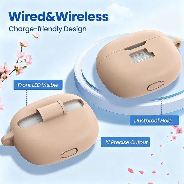 Alt view image 5 of 6 - Silicone Case Cover for JBL Vibe Beam 2/Beam/Vibe 200TWS, Shockproof Anti-Scratch Protective Shell with Visible Logo, Comes with Carabiner & Cleaning Tool Kit, Milk Tea