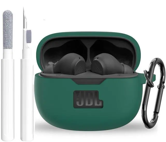 Main image of Silicone Case Cover for JBL Vibe Beam/Vibe Beam 2/Vibe 200TWS, Shockproof Anti-Scratch Protective Shell with Visible Logo, Comes with Carabiner & Cleaning Tool Kit, Green
