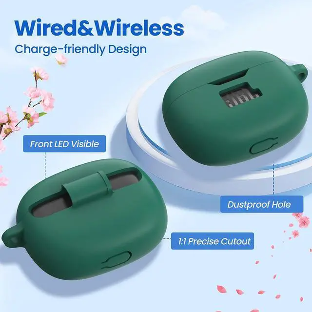 Alt view image 6 of 6 - Silicone Case Cover for JBL Vibe Beam/Vibe Beam 2/Vibe 200TWS, Shockproof Anti-Scratch Protective Shell with Visible Logo, Comes with Carabiner & Cleaning Tool Kit, Green