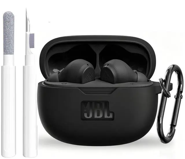 Main image of Silicone Case Cover for JBL Vibe Beam/Vibe Beam 2/Vibe 200TWS, Shockproof Anti-Scratch Protective Shell with Visible Logo, Comes with Carabiner & Cleaning Tool Kit, Black