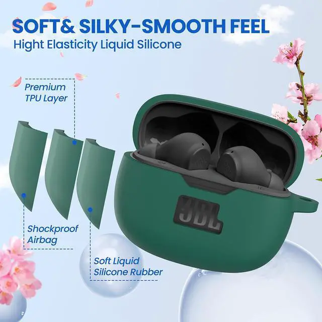 Alt view image 4 of 6 - Silicone Case Cover for JBL Vibe Beam/Vibe Beam 2/Vibe 200TWS, Shockproof Anti-Scratch Protective Shell with Visible Logo, Comes with Carabiner & Cleaning Tool Kit, Green