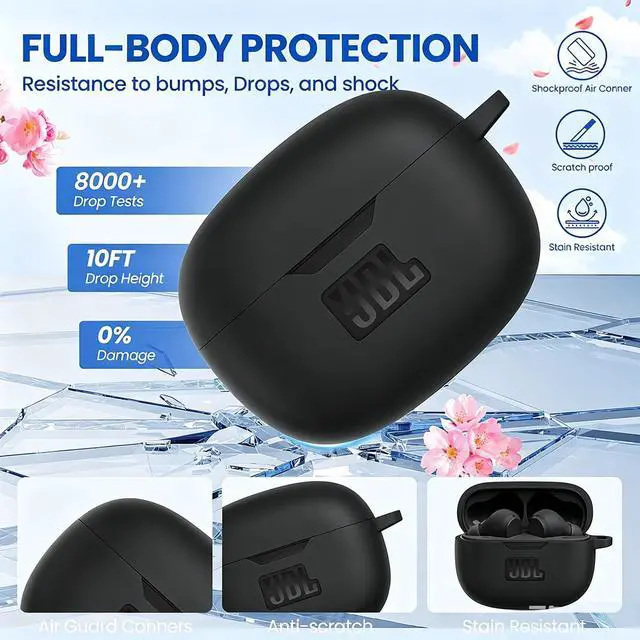 Alt view image 3 of 5 - Silicone Case Cover for JBL Vibe Beam/Vibe Beam 2/Vibe 200TWS, Shockproof Anti-Scratch Protective Shell with Visible Logo, Comes with Carabiner & Cleaning Tool Kit, Black