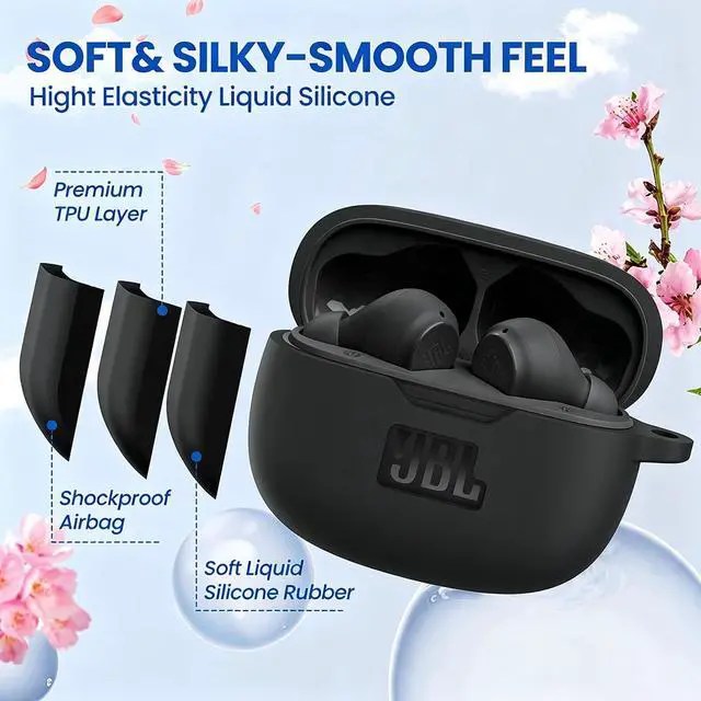 Alt view image 4 of 5 - Silicone Case Cover for JBL Vibe Beam/Vibe Beam 2/Vibe 200TWS, Shockproof Anti-Scratch Protective Shell with Visible Logo, Comes with Carabiner & Cleaning Tool Kit, Black