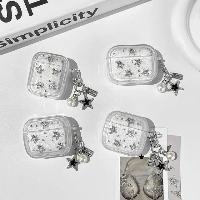 Alt view image 2 of 6 - for AirPods 4 Clear Glitter Cute Case with Cleaner Kit | Kawaii Star Design with Lovely Star Pearl Chain Protective Cover Compatible with Airpods 4th Generation for Girls Women
