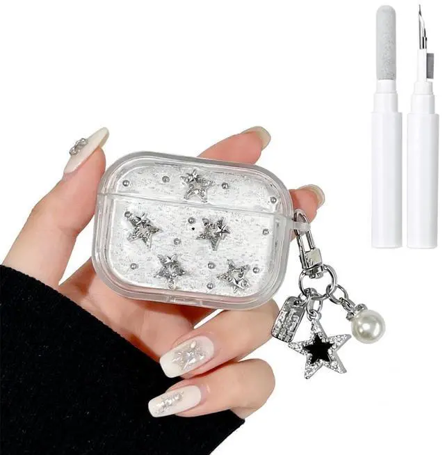 Main image of for AirPods 4 Clear Glitter Cute Case with Cleaner Kit | Kawaii Star Design with Lovely Star Pearl Chain Protective Cover Compatible with Airpods 4th Generation for Girls Women