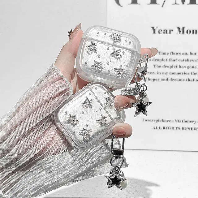 Alt view image 4 of 6 - for AirPods 4 Clear Glitter Cute Case with Cleaner Kit | Kawaii Star Design with Lovely Star Pearl Chain Protective Cover Compatible with Airpods 4th Generation for Girls Women