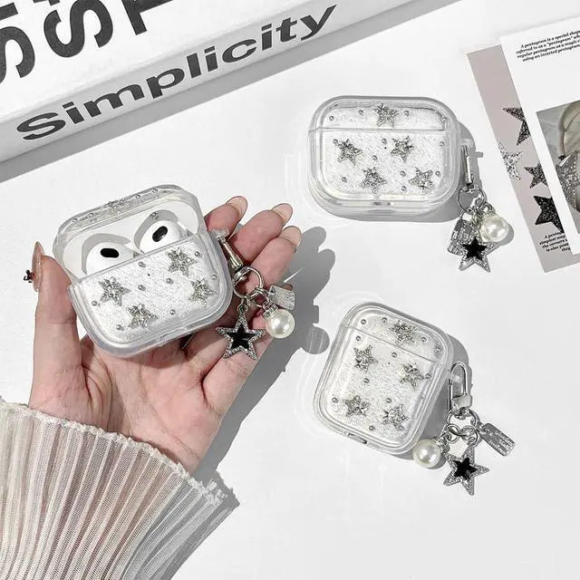 Alt view image 3 of 6 - for AirPods 4 Clear Glitter Cute Case with Cleaner Kit | Kawaii Star Design with Lovely Star Pearl Chain Protective Cover Compatible with Airpods 4th Generation for Girls Women