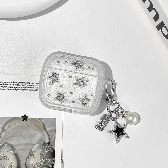 Alt view image 6 of 6 - for AirPods 4 Clear Glitter Cute Case with Cleaner Kit | Kawaii Star Design with Lovely Star Pearl Chain Protective Cover Compatible with Airpods 4th Generation for Girls Women