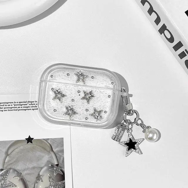 Alt view image 5 of 6 - for AirPods 4 Clear Glitter Cute Case with Cleaner Kit | Kawaii Star Design with Lovely Star Pearl Chain Protective Cover Compatible with Airpods 4th Generation for Girls Women