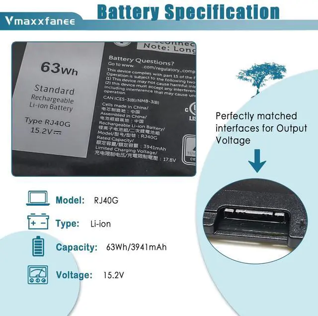 Alt view image 2 of 6 - 63Wh RJ40G Battery Replacement for D-ell Latitude 14 5420 Latitude 15 5520 Precision 15 3560 Series Laptop 01K2CF 075X16 WY9DX P104F P104F001 P137G P137G001 0M3KCN 0WK3F1 0M3KCN 15.2V 3941mAh